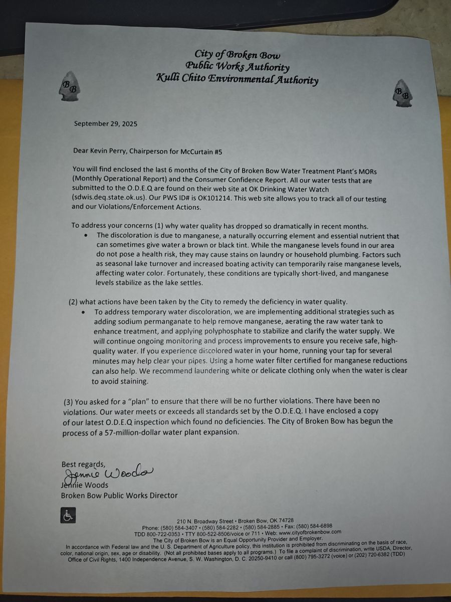 9/29/25 Broken Bow Public Authority on Discolored Water