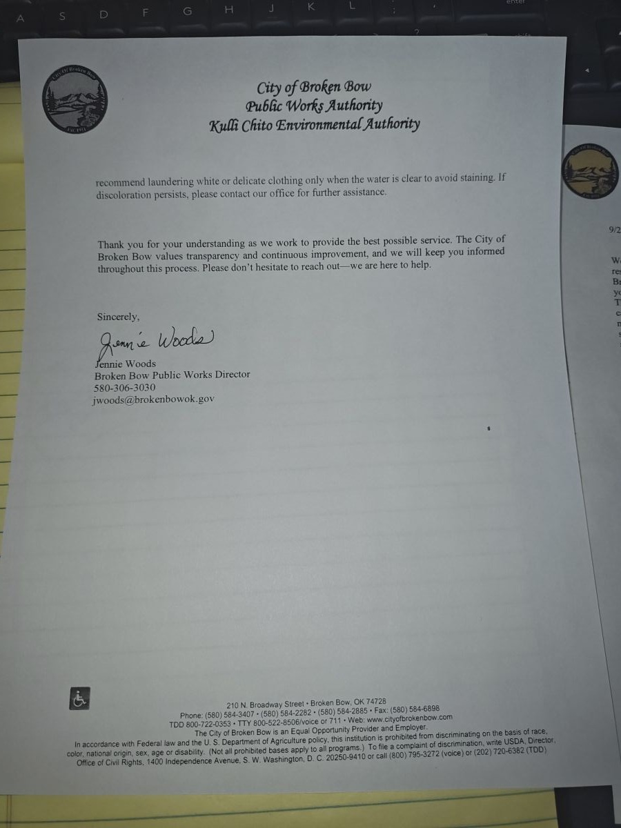 City of Broken Bow Works Authority Discolored Water Letter 9/22/25