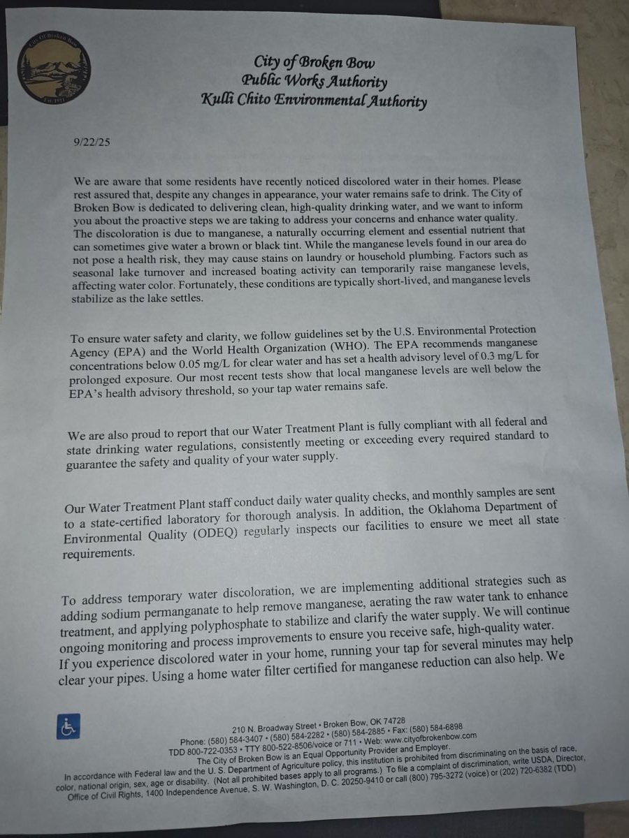 City of Broken Bow Works Authority Discolored Water Letter 9/22/25